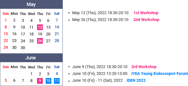 May 12, 2022 : 1st Workshop / May 26, 2022 : 2nd Workshop / June 9, 2022 : 3rd Workshop / June 10, 2022 : IYEA Young Endoscopist Forum / June 10-11, 2022 : IDEN 2022